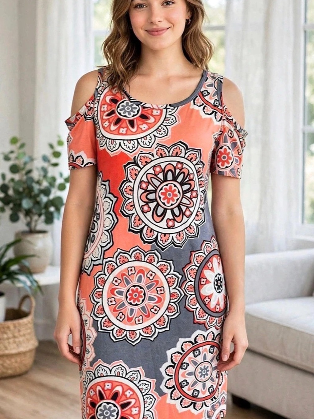 Geometric Mini Dress in Coral & Gray Like New